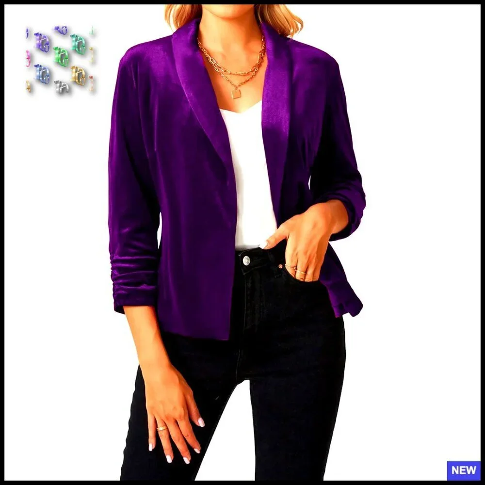 Velvet Blazer 3/4 Ruched Sleeve Shawl Lapel Open Front Chic Business Casual